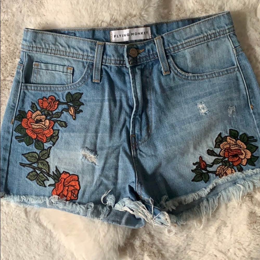 FLYING MONKEY EMBROIDERED DENIM SHORTS